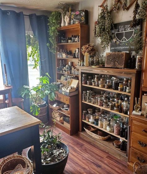 Goblincore Aesthetic Interior, Oversized Home Decor, Apothecary House Decor, Witchy Pantry Ideas, Office Decor Cottagecore, Witch Bookshelf Aesthetic, Apothecary Closet Ideas, Herbalist Aesthetic Room, Herbology Aesthetic Room