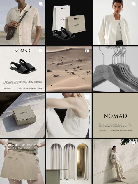 NOMAD Instagram Visual Clothing Brand/ Logotype and Brand Identity Clothes Brand Instagram Feed, Moodboard Clothing Brand, Instagram Feed For Clothing Brand, Clothing Brand Ig Feed, Fashion Brand Instagram Feed Ideas, Clothing Brand Social Media Posts, Clothing Brand Mood Board, Clothing Brand Feed, Branding Mood Board Visual Identity