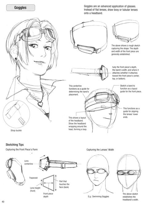 Goggles Steampunk Googles On Head Drawing, Goggles Around Neck Reference, Goggle Drawing Reference, Glasses Reflection Drawing, Goggles Drawing Character Design, How To Draw Goggles On Head, Holding Goggles Pose, Goggle Reference, How To Draw Goggles