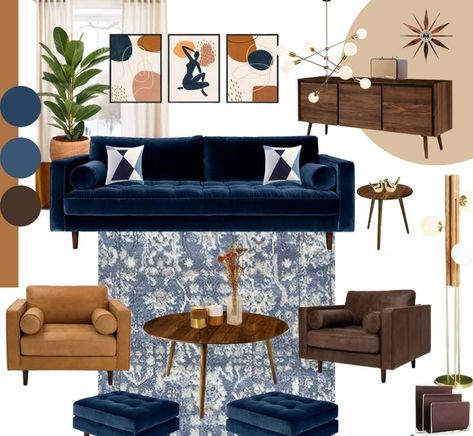 Transitional Living Room Blue Couch, Navy Brown And Grey Living Room, Office With Blue Couch, Navy Blue And Cognac Living Room, Sky Blue Couch Living Room, Navy Sofa Boho Living Room, Blue Suede Couch Living Rooms, Living Room Designs Blue Sofa, Mid Century Modern Living Room Blue Sofa