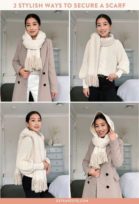 Winter Scarf Tying, Tie Hack, Ways To Style A Scarf, Style A Scarf, Scarf Outfit Winter, Scarf Hood, How To Wear A Blanket Scarf, Bulky Scarf, Mango Coats