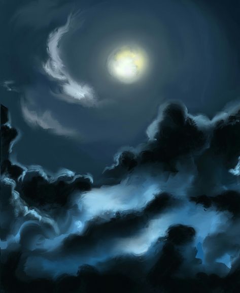 Digital art. Procreate.moon.night. Nighttime Sky Painting, Night Sky With Clouds Painting, Dark Skies Painting, Digital Night Sky, Night Woods Painting, Clouds At Night Painting, Paintings Of The Night Sky, Night Acrylic Painting Sky, Night Sky Silhouette Painting