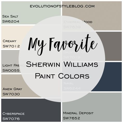 My Favorite Sherwin Williams Paint Colors - Evolution of Style Sherman Williams Paint, Best Sherwin Williams Paint, Indoor Paint Colors, Sherman Williams, Anew Gray, Sherwin Williams Paint, Farmhouse Paint Colors, Popular Paint Colors, Farm House Colors