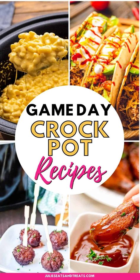 Crock Pot Game Day recipes are so easy to make and so delicious. Everything from dips, meatballs, snack mixes, sandwiches, chili and more. The best recipes for watching the football game with family and friends. Everyone will love these easy recipes. Crock Pot Recipes For Football Games, Best Crockpot Sandwich Recipes, Soups For Football Party, Football Season Snacks Parties Food, Sunday Snacks Football, Easy Meals For Football Sunday, Gameday Recipes Easy, Football Game Snacks Easy, Chicken Crockpot Recipes Tailgate