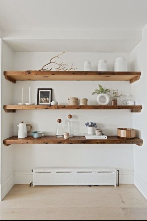 Floating Shelves Kitchen Long Wall, Floating Shelves Dining, Dinning Room Shelving, Large Empty Kitchen Wall Ideas, Whole Wall Shelves, Walnut Wood Shelves, Long Pine Shelves, Floating Shelves Dining Room Wall, Recessed Shelves Living Room