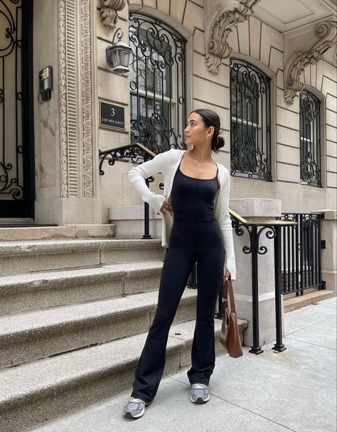 Flare Leggings Cardigan Outfit, Flare Pants And Cardigan Outfit, Flair Jumpsuit Outfit, Jumpsuit Outfit Leggings, Body Suit Pants Outfit, Unitard And Cardigan Outfit, Black Jumpsuit Outfit With Cardigan, Black Active Jumpsuit Outfit, Aritzia Jumpsuit Outfit Flare