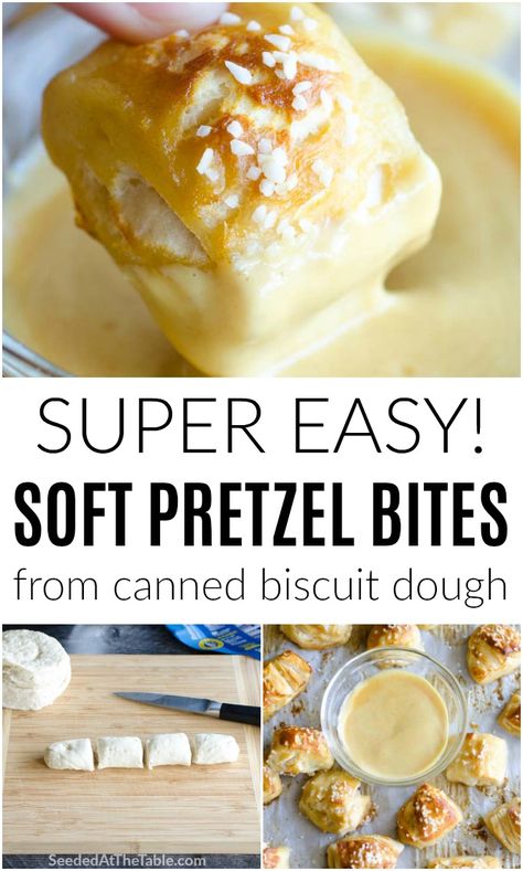 Soft Pretzel Recipe Easy, Easy Soft Pretzel Bites, Soft Pretzel Bites Recipe, Recipe Using Canned Biscuits, Pretzel Bites Recipe, Soup Shooters, Canned Biscuit, Soft Pretzel Bites, Pretzel Bites Recipes