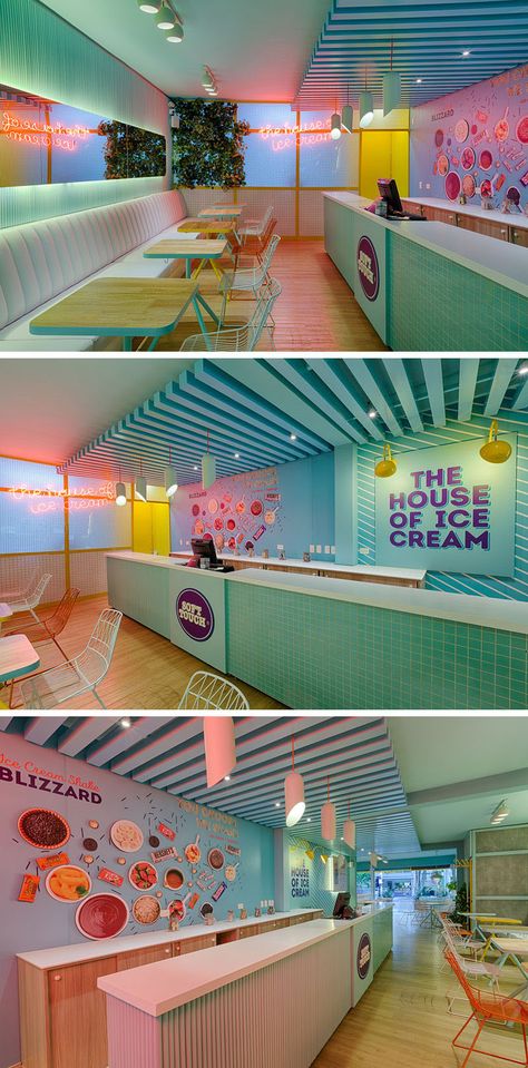 Plasma Nodo Have Designed Soft Touch, A Colorful Ice Cream Store In Colombia Business Place Design, Shaved Ice Shop Design, Ice Cream Store Interior Design, Coffee And Ice Cream Shop, Small Ice Cream Shop Design Interior, Ice Cream Shop Interior Design Ideas, Cool Store Design, Cafe Interior Design Colorful, Ice Cream Restaurant