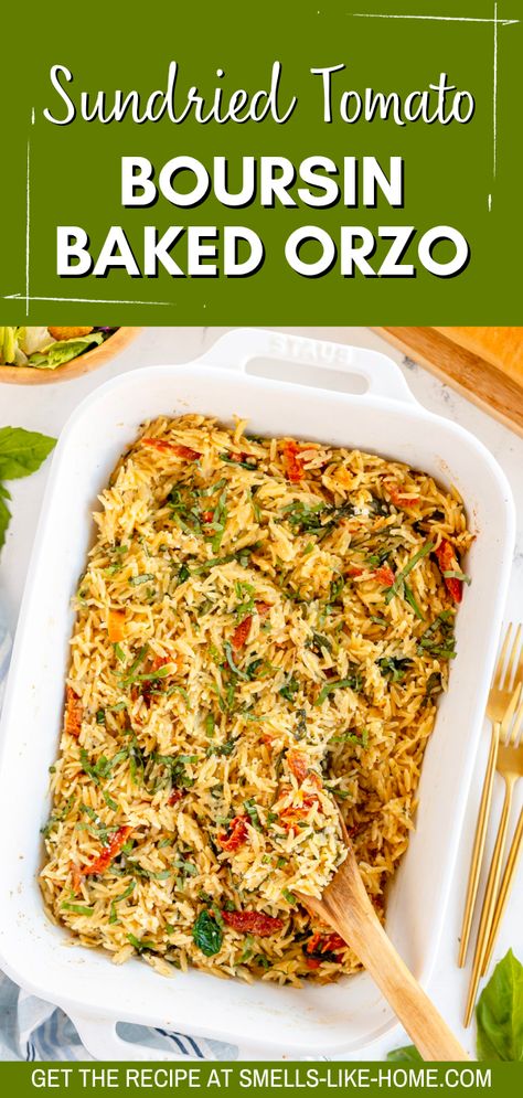 Orzo Entree Recipes, Orzo Recipes With Sundried Tomatoes, Orzo Sundried Tomato Chicken, Garlic And Herb Boursin, Orzo And Cheese, Boisin Cheese Orzo, Roasted Veggie Orzo Bake, Creamy Sundried Tomato Orzo, Orzo Pasta Sundried Tomatoes