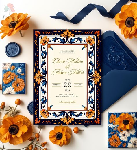 Talavera Tile Wedding Invitation, Mexican Folk Art Invite, Orange and Blue Floral Border Invitation, Fiesta Invites, Editable Template by Papilix on Etsy Talavera Save The Date, Mexican Invitations Wedding, Vintage Mexican Wedding Invitations, Mexican Classy Wedding, Hacienda Style Wedding Invitations, Orange And Blue Wedding Invitations, Talavera Wedding Invitations, Mexican Wedding Inspiration, Mexican Style Wedding Decorations