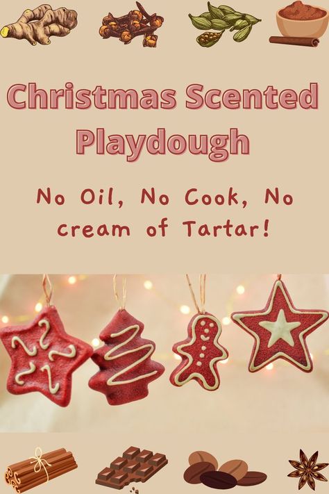 No Cream Of Tartar Playdough, Holiday Scented Playdough, Peppermint Playdough Recipe No Cook, Gingerbread Scented Playdough, Holiday Playdough Recipe, Christmas Cooking Preschool, Easy Gingerbread Playdough Recipe, Ginger Bread Playdough Recipe, Homemade Christmas Playdough