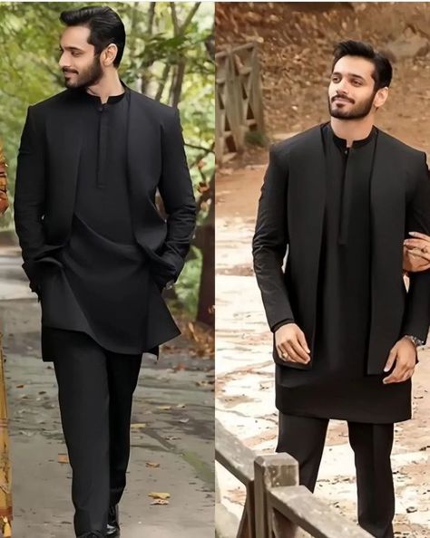 Wahaj Ali In Kurta Pajama, Indian Outfit Men Wedding, Pakistani Wedding Dresses Men, Shadi Dresses For Boys, Designer Kurta For Men Fashion, Wahaj Ali Outfits, Stylish Kurta For Men Black, Kurta For Boys Wedding, Wahaj Ali Kurta Design