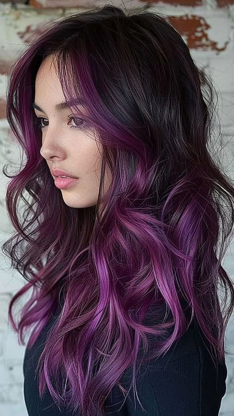 Striking and Stylish: 25 Purple Hair Colors for a Bold New You Maroon And Purple Hair, Funky Coloured Hair, Long Coloured Hair, Coloured Hair Inspiration, Black Ombre Hair Color, Brown Purple Ombre Hair, Purple Hair With Brown, Purple In Brown Hair, Purple Hair Dye Ideas For Brunettes