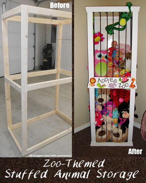 Zoo themed stuffed animal storage DIY idea! A good, fun and cute way to organize the stuffed animals! Stuffed Animal Storage Diy, Diy Stuffed Animal, Uppfostra Barn, Toy Storage Solutions, Stuffed Animal Storage, Toy Rooms, Storage Diy, Toy Organization, Toddler Room