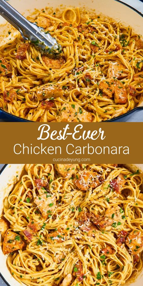 Best-Ever Chicken Carbonara Recipe – CucinaDeYung Delicious Summer Meals, Foods To Make When Bored, Short Pasta Recipes, Linguine Recipes Chicken, Recipes For A Big Family, Top Recipes On Pinterest Most Popular, Dinner Ideas With Noodles, Fun Things To Cook For Dinner, Meal Ideas With Chicken