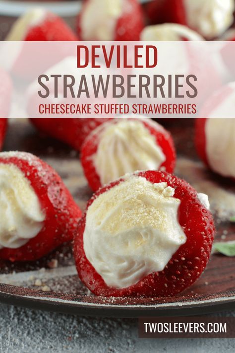 If you're looking for a delightful twist on traditional strawberries, you're in for a treat! Learn how to make these heavenly Deviled Strawberries. Deviled Cream Cheese Strawberries, Strawberries And Whipped Cream Ideas, Deserts Recipes Strawberries, Strawberry Shortcake Deviled Eggs, Deviled Egg Strawberries, Deviled Strawberries Cheesecake, Fruit Dessert Dip, Devils Strawberries, Strawberry Cheesecake Santa Hats