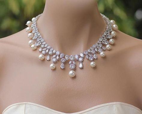 Statement Wedding Jewelry, Crystal Wedding Necklace, Bridal Pearl Necklace, Pearl Drop Necklace, Pearl Statement Necklace, Wedding Bridal Jewellery, Necklace Crystal, Wedding Jewellery Necklace, Crystal Wedding