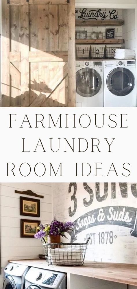 10 of the best, beautiful and clever farmhouse laundry room designs that will inspire you. These DIY inspired washroom decorations work well for small or large spaces. With vintage, modern, rustic, fixer upper, country, and shabby chic vibes there is a little for everyone. Fun signs, shelves for organization, ideas and more. So grab some paint, clothespins, tile and your tools to transform your laundry. And be inspired with a dutch and barn door too. Vintage laundry room ideas. Laundry Signs Diy, Farmhouse Laundry Room Ideas, Modern Farmhouse Laundry Room, Laundry Room Designs, Vintage Laundry Room Decor, Laundry Room Paint, Laundry Room Tile, Laundry Room Colors, Laundry Shelves