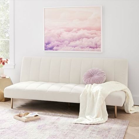 Pull Out Couches, Room With Futon, Dorm Futon, Dorm Couch, Cute Futon, White Futon, Futon Bedroom, Bedroom Seating Area, Modern Futon