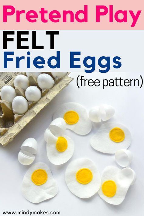 Learn how to make a dozen of these seriously EASY Felt Fried eggs that crack open in no time! Includes free pattern and no-sew option! #playfood #diyprojectsforkids #feltfood #pretendplay #pretendplaytoys Felt Toy Food Diy, Play Kitchen Food Diy, Dramatic Play Food Diy, Play Kitchen Printables Free, Play Food Sewing Pattern, Sew Play Food, Felt Egg Pattern, Easy Felt Toys Diy, Felt Play Food Diy