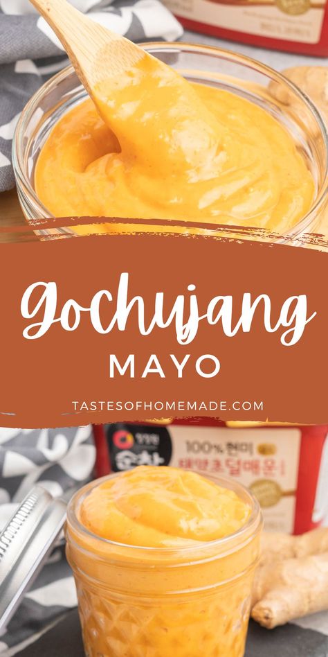 Gochujang mayo is a creamy, mildly spicy condiment that is great as a spread, dip or sauce. Made with mayonnaise and gochujang paste, it has a slightly spicy flavour which is complimented by adding ginger, garlic and sesame oil. It is delicious on sandwiches and burgers, as a dip for appetizers, or drizzled on Korean bulgogi bowls and other dishes. It comes together in just 5 minutes and will keep in the refrigerator for up to two weeks. Korean Mayo, Korean Burger, Gochujang Mayo, Gochujang Paste, Sauce Burger, Korean Bulgogi, Homemade Bbq Sauce Recipe, Gochujang Sauce, Homemade Sauce Recipes