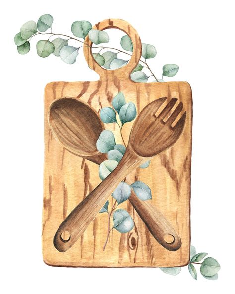 Kitchen Painting Art, Wooden Fork, Kitchen Artwork, Farmhouse Decor Rustic, Fork And Spoon, Free Art Prints, 수채화 그림, Farmhouse Art, Dessin Adorable