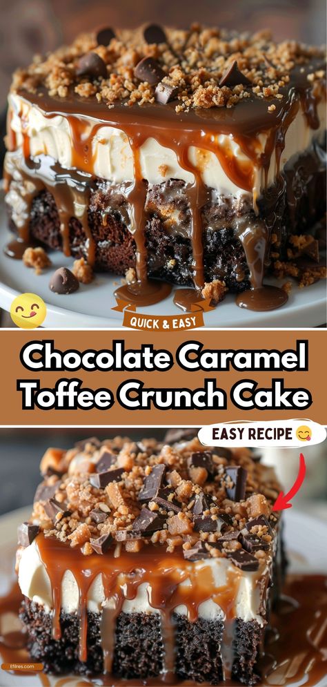 Chocolate Caramel Toffee Crunch Cake Crumbl Chocolate Toffee Cake, Chocolate Thanksgiving Desert, Toffee Frosting Recipe, The Best Chocolate Desserts, Heath Cake Toffee Bits, Heath Candy Bar Cake, Peanut Butter Crunch Cake, Chocolate Heath Bar Cake, Chocolate Brownie Desserts