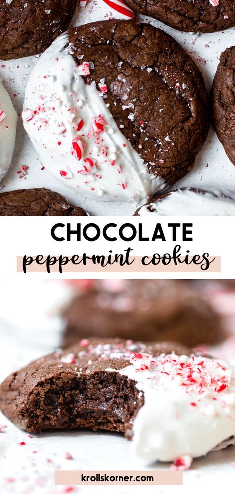 White Chocolate Dipped Peppermint Chocolate Cookies, Chocolate Cookies Dipped White Chocolate, Chocolate Dipped Peppermint Cookies, Double Chocolate Chip Peppermint Cookies, Cookie Recipes Peppermint, Peppermint Fudge Cookies, Triple Chocolate Peppermint Cookies, White Chocolate Dipped Peppermint Cookie, Chocolate And Peppermint Cookies