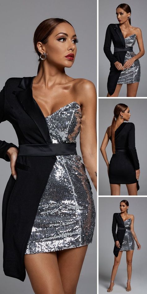 Cocktail Dress Silver, Elegant Silver Sequin Dress, Half Suit Half Dress, Sequin Blazer Dress, Celebration Dress, Bellabarnett Dress, Evening Mini Dresses, Tropical Fashion, Dress Jumpsuit