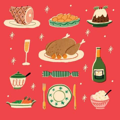 Ruby Taylor on Instagram: “Getting excited about stuffing my face. #Christmas #dinner #Turkey #illustration #champagne #pudding #ham #tableplan” Foodie Illustration, Winter Poster, Mid Century Illustration, Winter Illustration, Mid Century Christmas, Holiday Feast, Art And Illustration, Holiday Illustrations, Christmas Illustration