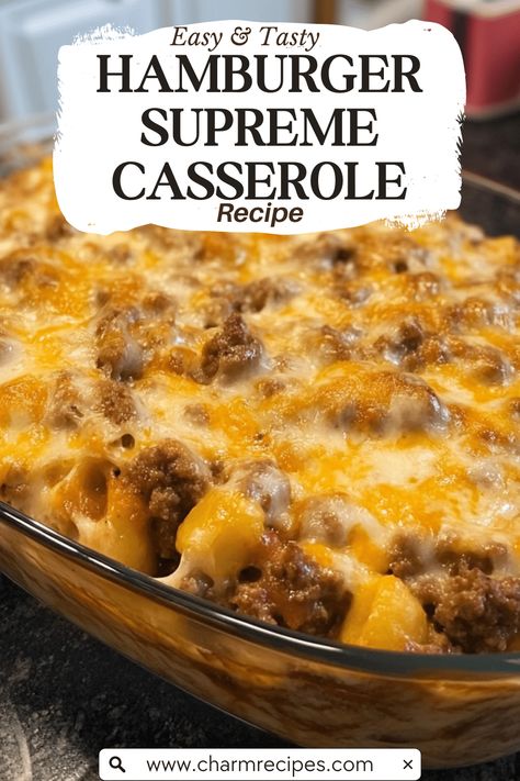 Hamburger Supreme Casserole is a hearty and delicious dish that brings together ground beef, pasta, and a rich, creamy sauce, all topped with melted cheese. This comforting casserole is perfect for family dinners, potlucks, and any occasion where you want to serve something satisfying and crowd-pleasing. Its layers of flavors and textures make it a beloved favorite that's sure to become a staple in your home. Top Beef Recipes, Ground Beef Country Casserole, Hot Dish Recipes Hamburger, Hot Dishes Casserole Ground Beef, Quick And Easy Hamburger Casserole, Hamburger Meat Recipes For Dinner Easy, Easy Beef Casseroles, One Pot Ground Beef Recipes Easy Dinners, Hamburg Dinner Ideas