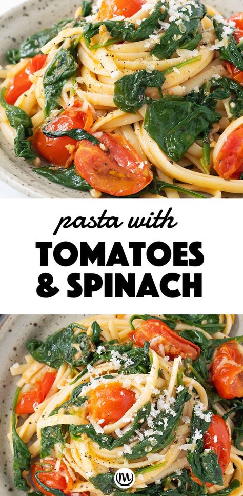 This easy pasta with tomatoes and spinach is ready in less than 20 minutes and it's packed with fresh spinach and cherry tomatoes. It's delicious, juicy, garlicky. #pastarecipes #meatlessdinners #easydinnerrecipes #spinachrecipes Pasta And Veggies Recipes Dinners, Recipes With Spinach Healthy, Fresh Spinach Recipes Easy, Italian Spinach Recipe, Pasta With Tomatoes And Spinach, Spinach And Tomato Pasta, Spinach Dishes, Fresh Spinach Recipes, Spinach Recipes Healthy