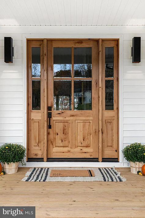 Front Farmhouse Door, Knotty Pine Front Door, Wood Door Farmhouse, Wooden Farmhouse Front Door, Big Wood Front Door, Spanish French Doors, White House Wood Door Exterior, Light Wooden Front Door, Farmhouse Side Door Entry