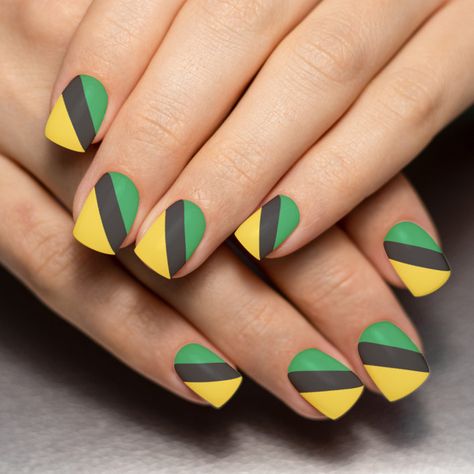 Jamaican Nail Designs, Jamaica Nails, Jamaica Colors, Jamaican Colors, Nail 2023, Flag Nails, Minx Nails, French Acrylic Nails, Nail Colours