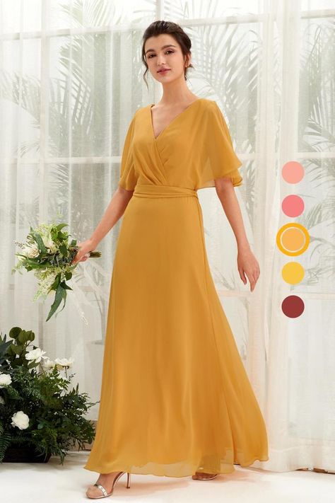 Wedding chic, but make it modest. V-neck Short Sleeves Chiffon Bridesmaid Dresses. Perfect modest dress for bridesmaids or mother of the bride. Shop eDressit sustainable bridesmaid dresses in 42 colors and sizes 0-32. Free customization. All dresses are $109. Shop now at eDressit.com. Style: A-line Neckline: V-neck Length: Full Length Fabric: Chiffon Sleeve: Short Sleeves, 1/2 Sleeves Back Style: Zipper Up Color: Mango Mustard Yellow Bridesmaid, Mustard Yellow Bridesmaid Dress, Yellow Bridesmaid, Bridesmaid Duties, Yellow Bridesmaid Dresses, Dress Drape, Chiffon Collection, Black Tie Gala, Wedding Party Dress