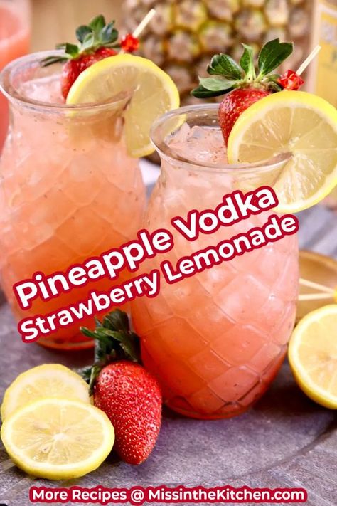 Pineapple Vodka Strawberry Lemonade is a refreshing and delicious cocktail that is easy enough for any day of the week! Make a small batch for a couple of cocktails or a large batch for parties. Vodka And Pineapple Juice, Cocktail Vodka, Pineapple Vodka, Strawberry Vodka, Pineapple Cocktail, Summer Drinks Alcohol, Vodka Lemonade, Lemonade Cocktail, Mixed Drinks Alcohol