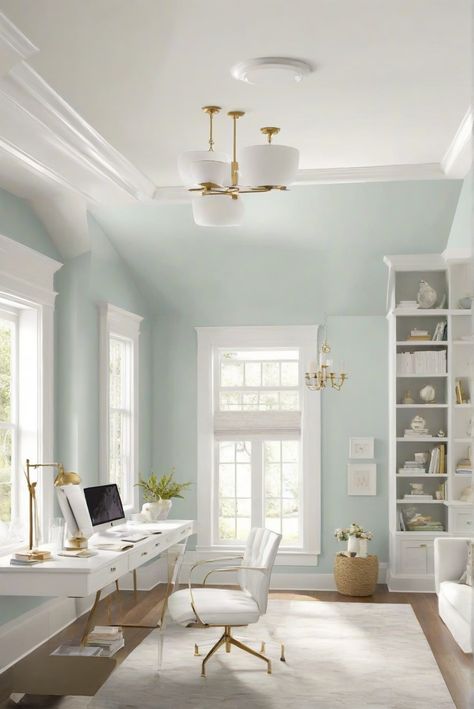 home decorating, home interior design, interior design space planning, living room interior White Painted Desk, White Wall Paint, Sleek Furniture, White Desk, Perfect Paint Color, White Office, Green Cabinets, Wall Paint Colors, White Desks