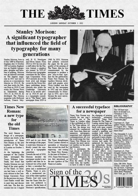 Stanley Morison - a significance typographer. Times new roman - typeface for The Times newspaper. Poster to introduce Stanley Morison's and Times New Roman's story in a newspaper style. Times New Roman Poster, La Times Newspaper, Newspaper Font, The Times Newspaper, Newspaper Template Design, Newspaper Editorial, Newspaper Background, Newspaper Wall, Newspaper Poster