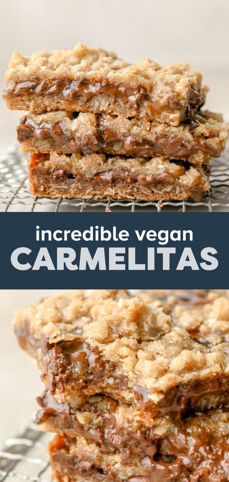 Vegan Carmelitas Gluten Free Carmelita Bars, Vegan Caramel Dessert, Vegan Treats Recipes, Vegan Gf Dessert Recipes, Vegetarian Desert Ideas, Vegetarian Desserts Easy, Vegan Bar Recipes, Vegan Caramel Cookies, Vegan Bars Dessert