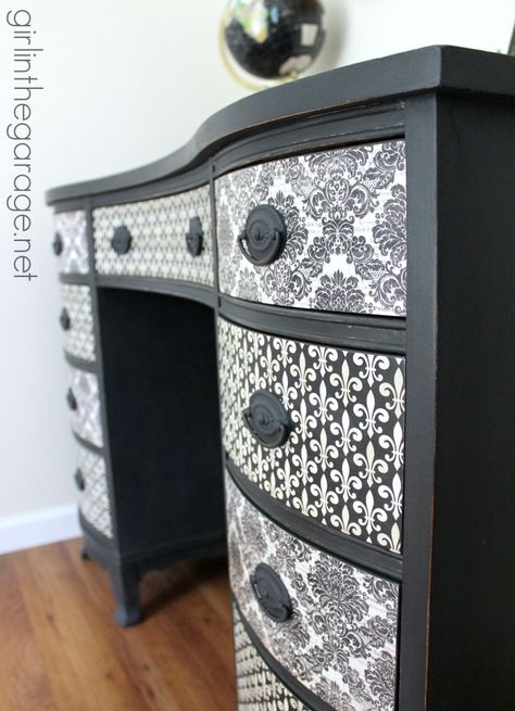 Themed Furniture Makeover Day {decoupage}.  See how I transformed a vintage desk with Chalk Paint, pretty paper, and Mod Podge!  girlinthega... Decoupage Desk, Decoupage Furniture, Furniture Rehab, Table Makeover, Refurbished Furniture, Sewing Table, Vintage Desk, Furniture Restoration, Paint Furniture