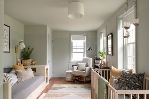 Serene Green Nursery with Custom Day Bed | Vestige Home Spare Room Nursery, Crib Middle Of Room, Nursery With Daybed, Nursery And Guest Room, Paint Crib, Nursery Guest Room Combo, Serene Nursery, Built In Daybed, Nursery Green