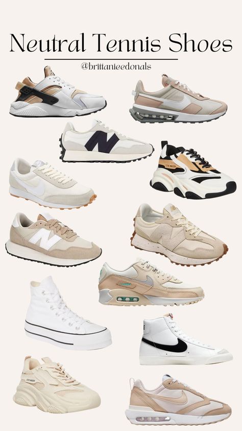 Collage of various neutral color tennis shoes and sneakers on a tan background Pretty Tennis Shoes, Trendy Neutral Shoes, Feminine Tennis Shoes, Neutral Shoes That Go With Everything, Basic Shoes Aesthetic, Cute Shoes For Everyday, Dressed Up Tennis Shoes Outfit, Neutral Color Tennis Shoes, Aesthetic Shoes 2023