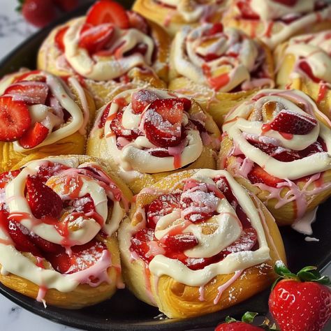 Easy Strawberry Cheesecake Sweet Rolls top recipes in 2024 Dessert Rolls Recipe, Easy Creamy Dessert Recipes, Strawberry Shortcake Cheesecake Rolls, Dessert Recipes Cinnamon Rolls, Strawberry Cheesecake Rolls Recipe, Strawberry Cheesecake Sweet Rolls, Strawberry Cheesecake Pastry, Raspberry Cheesecake Rolls, Simple Recipes Breakfast