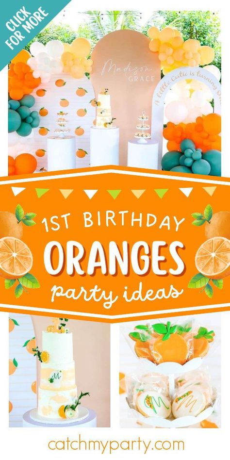 Take a look at this cute orange-themed 1st birthday party! Love the cookies! See more party ideas and share yours at CatchMyParty.com Orange Birthday Party Theme, Orange Birthday Theme Ideas, Mango Theme Party Decoration, Little Cutie Birthday Party, Cuties Theme Party, Birthday Orange Theme, Orange Birthday Party Ideas, Citrus Birthday Party Theme, Cuties Birthday Theme