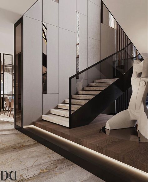 Staircase Design Apartment Building, Stairs Wall Design Modern Interiors, Stair Railing On Wall, Modern Luxury Stairs, Stairs Wall Design Modern, Modern Railing Design, Staircase Wall Design Modern, Modern Luxury Staircase, Stair Wall Design