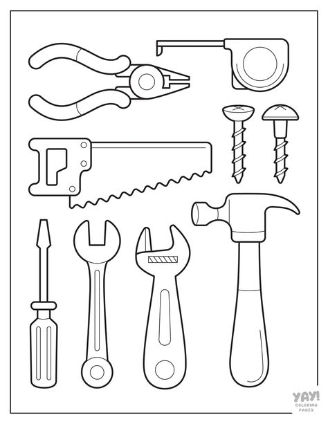 Construction tools coloring page with hammer, saw, measuring tape, nails, and more. Tools Coloring Pages Free Printable, Construction Tools Printable, Construction Cones Printable, Tool Crafts For Kids, Tools Coloring Page, Tool Activities For Preschool, Construction Colouring Pages, Construction Worksheets For Preschoolers, Construction Coloring Pages Free