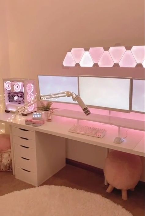 Pink Gaming Room, Games Room Inspiration, Gamer Bedroom, Room Vanity Ideas, Sony Bravia, Pink Games, Gamer Setup, Gamer Room Decor, Bedroom Setup