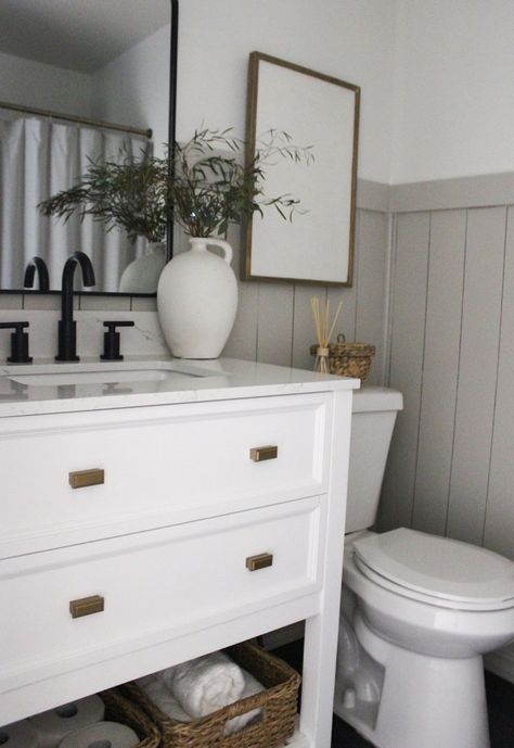 Modern Neutral Bathroom, Greige Bathroom, Guest Bathroom Renovation, Closet Door Makeover, Shiplap Bathroom, Neutral Bathroom, Bathroom Refresh, White Vanity Bathroom, White Vanity