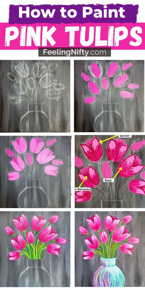 Acrylic Flower Tutorial Step By Step, Painting On Canvas Step By Step, Spring Step By Step Painting, Paint And Sip Ideas Flowers, How To Paint Tulips Step By Step, Spring Diy Painting, First Canvas Painting Ideas, Diy Spring Painting Canvas, Step By Step Flower Painting Acrylic