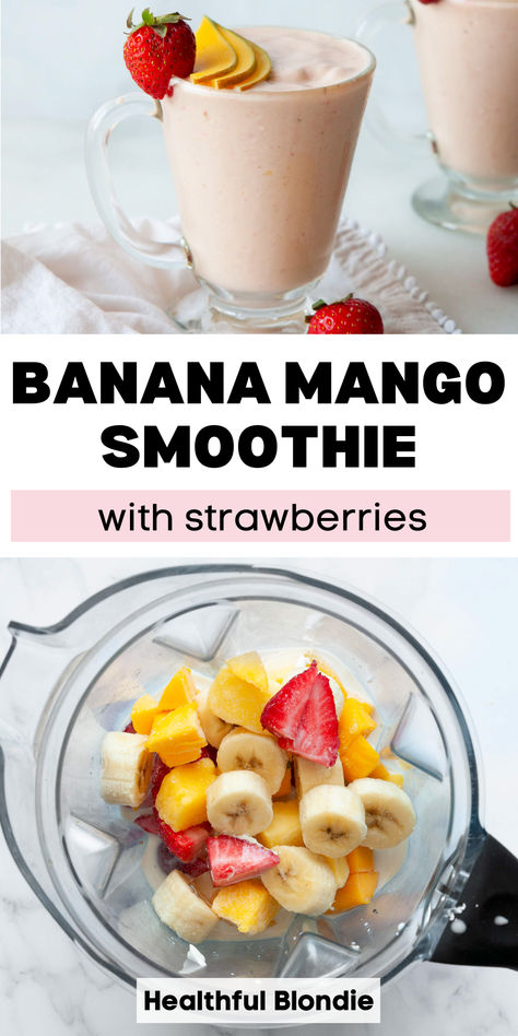 Made with simple 5 ingredients, this banana strawberry smoothie with mango is creamy, protein-packed, and super refreshing. This fruit smoothie recipe comes together in less than 5 minutes, is healthy, and can be made dairy-free! Best Banana Smoothie Recipe, Mango Smoothie Recipe Healthy, Banana Apple Smoothie Recipes, Mango Smoothie Recipe Easy, Smoothies With Bananas, Healthy Mango Recipes, Healthy Mango Smoothie Recipes, Smoothies With Mango, Banana Mango Smoothie Recipe